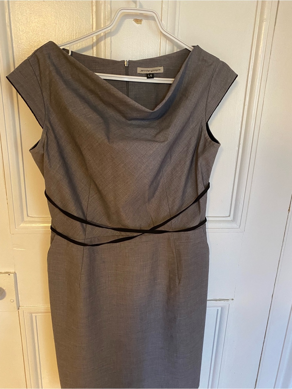 Jennifer Glasgow Gray Midi Sheath Dress with Black Trim